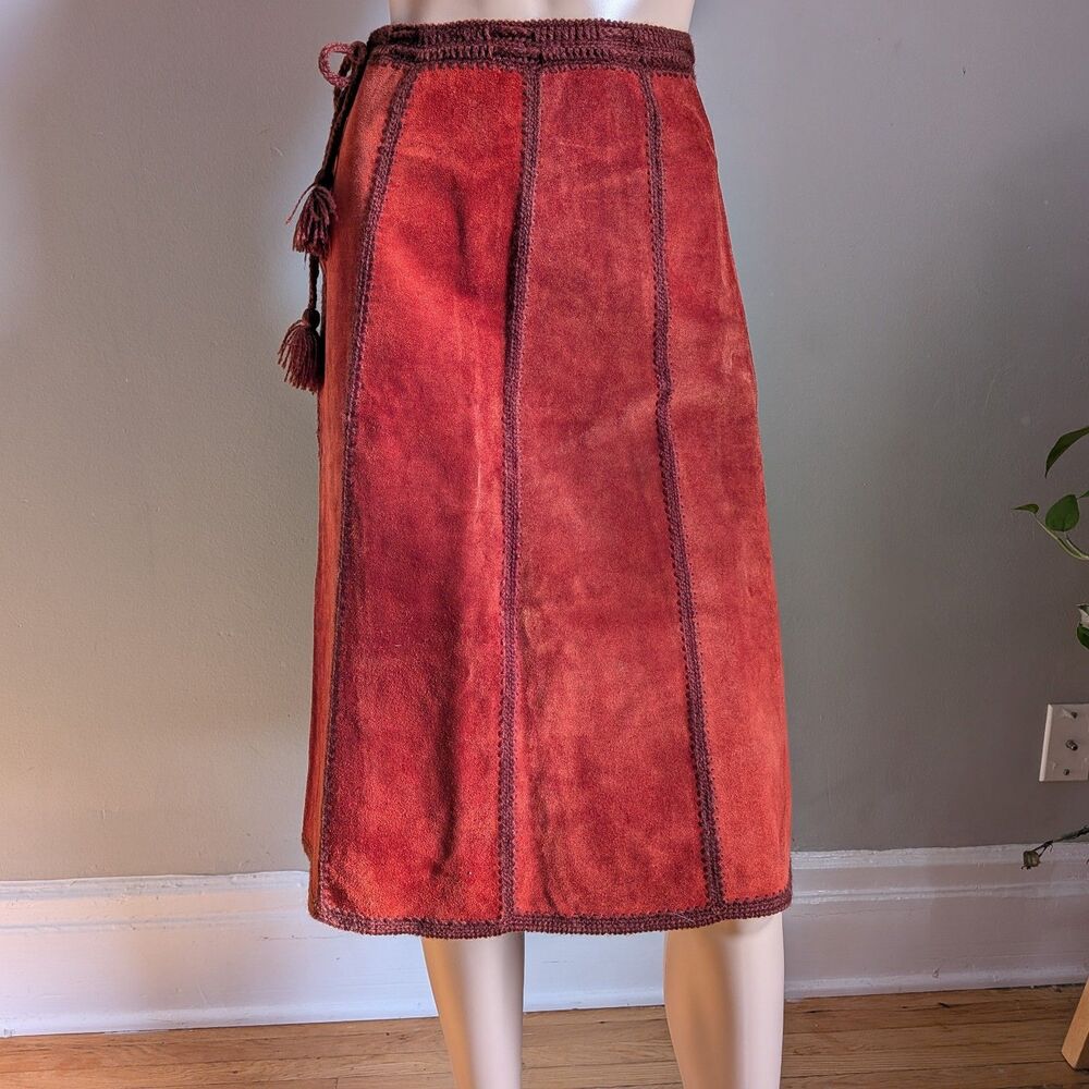 Vintage Red Suede Midi Skirt Chunky Knit Boho Dark Academia Size 0